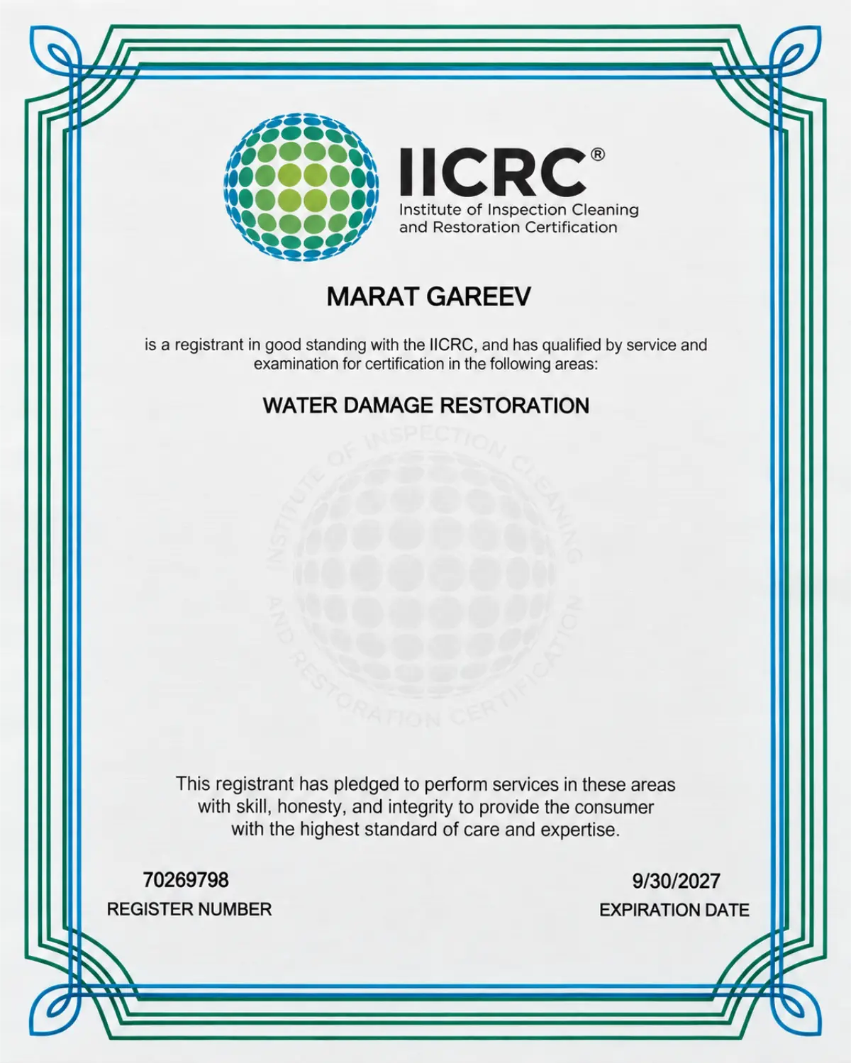 IICRC Water Damage Restoration certification awarded to Marat Gareev, valid through September 30, 2027.